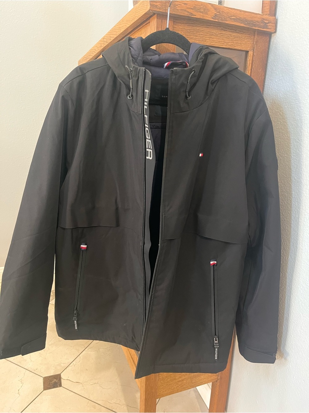 Tommy Hilfiger Black Hooded Raincoat with Subtle Logo